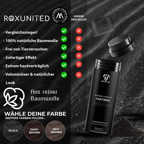 ROXUNITED Cosmetics Haarpuder / Streuhaar Premium zur Haarverdichtung 100% natürliche Baumwolle Männer & Frauen Schütthaar